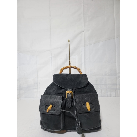 Gucci Vintage Suede & Leather Bamboo Backpack Black - Picture 1 of 12